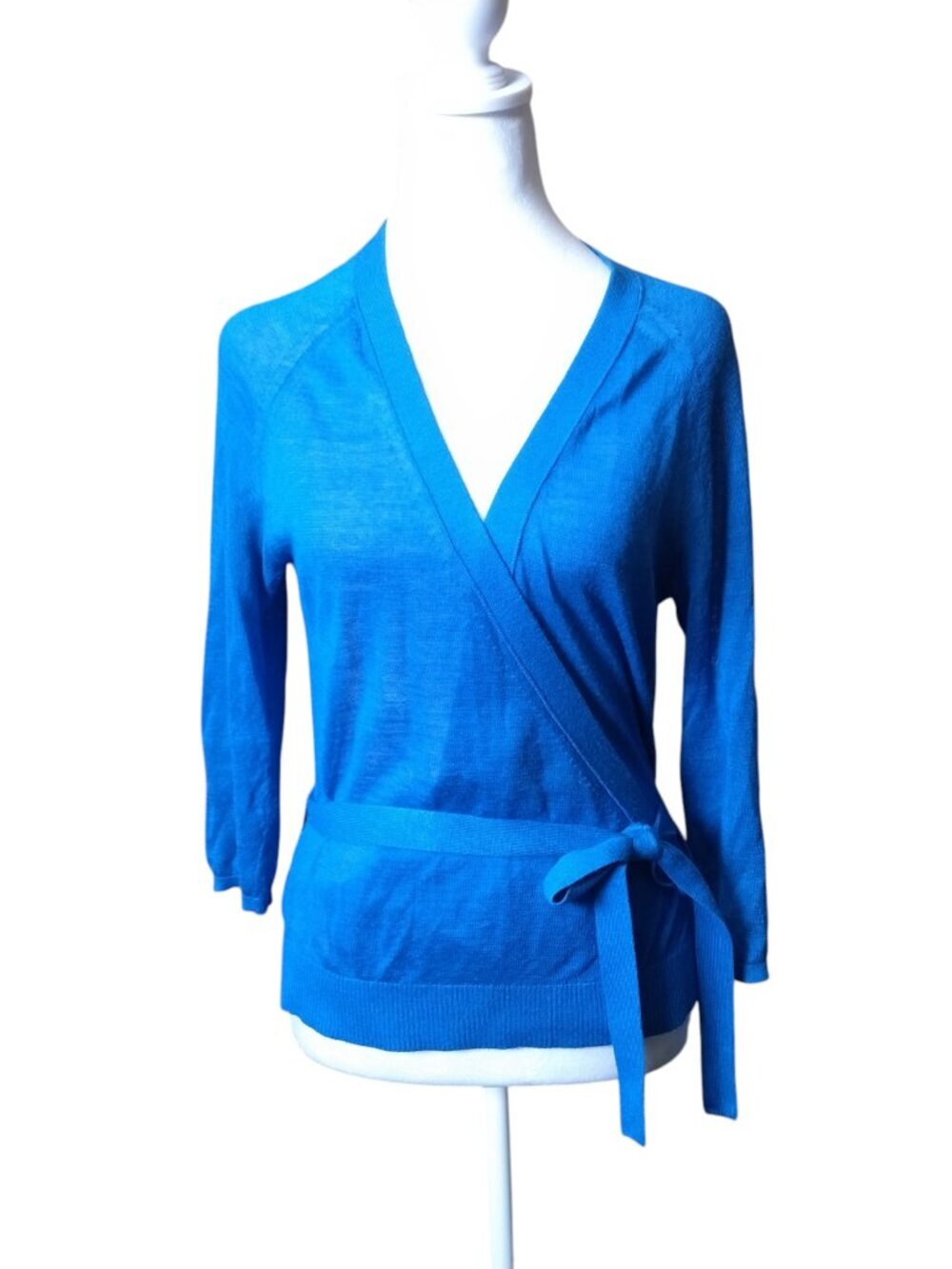 Ann Taylor Blue Wrap Sweater Cardigan Size Medium Tie Side 3/4 Sleeve Office